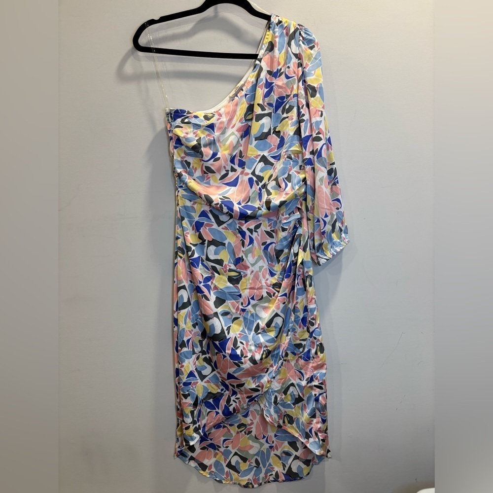 Entro One Shoulder Wrap Midi Dress Large Pink Blue High Low Hem Wedding Guest